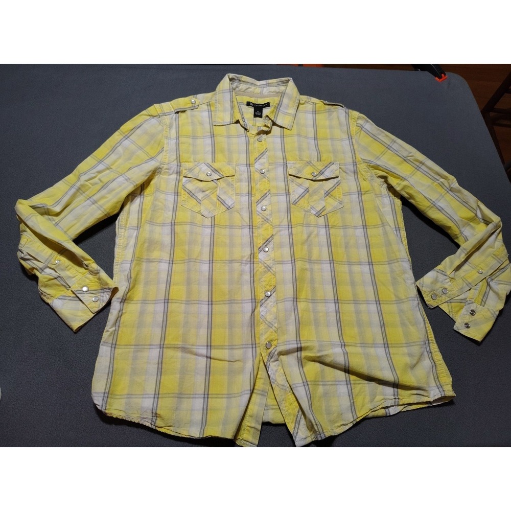 INC International Concepts Pearl Snap Blouse Ladie XL Yellow Plaid Rodeo Country